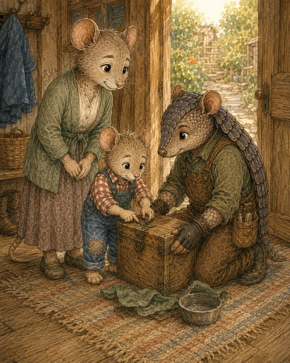 Relationship portrait of Emmitt Armadillo + Harlie Mouse + Spencer Field Mouse